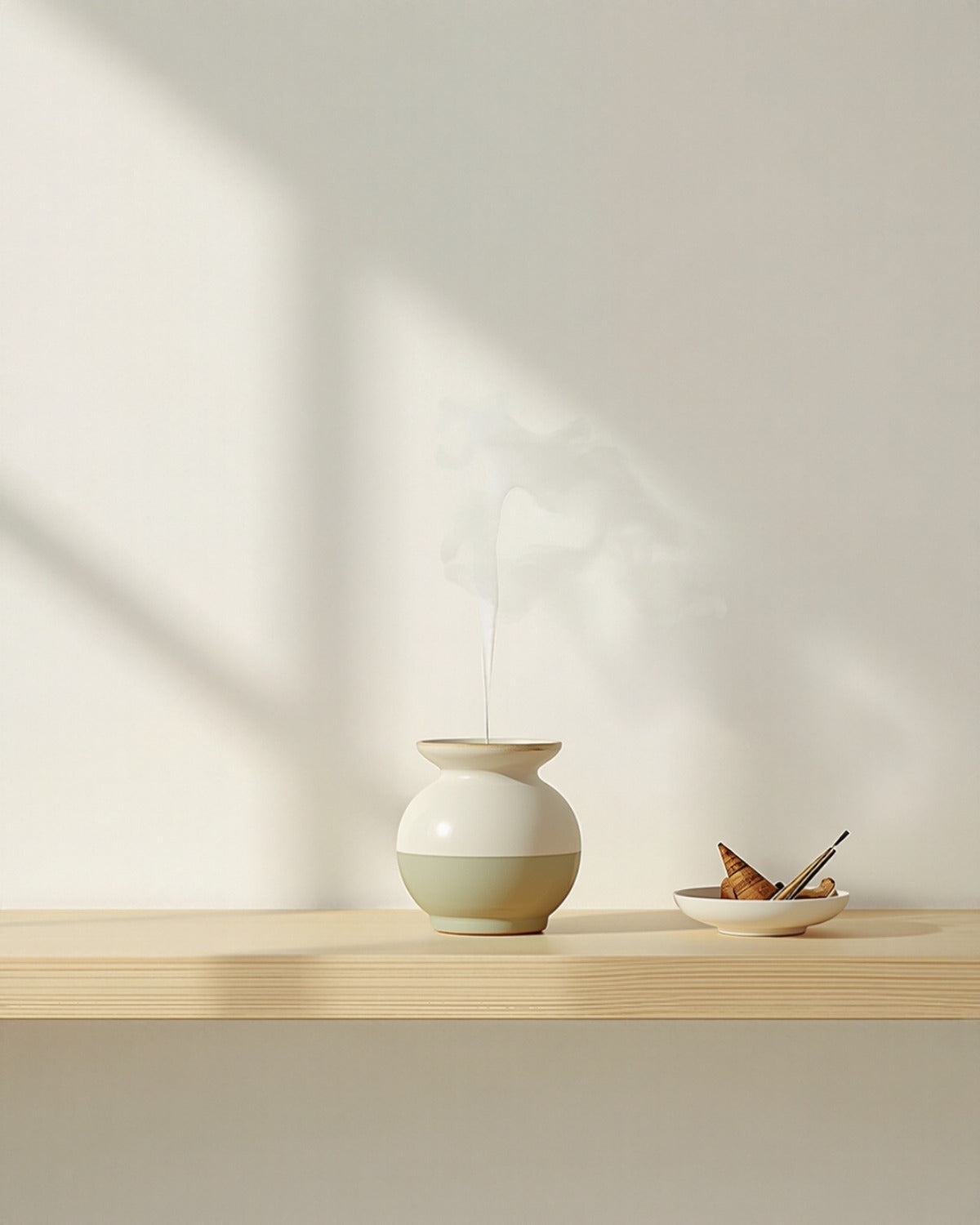 Quemador de incienso de ceramica con conos de colores en una estanteria de madera