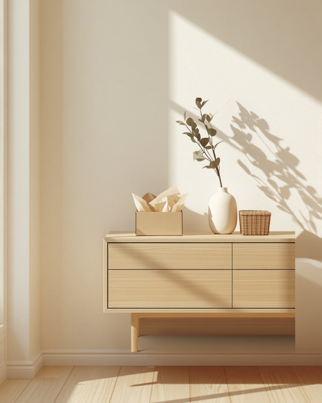 Recibidor luminoso de madera clara con una caja abierta y cestas de mimbre