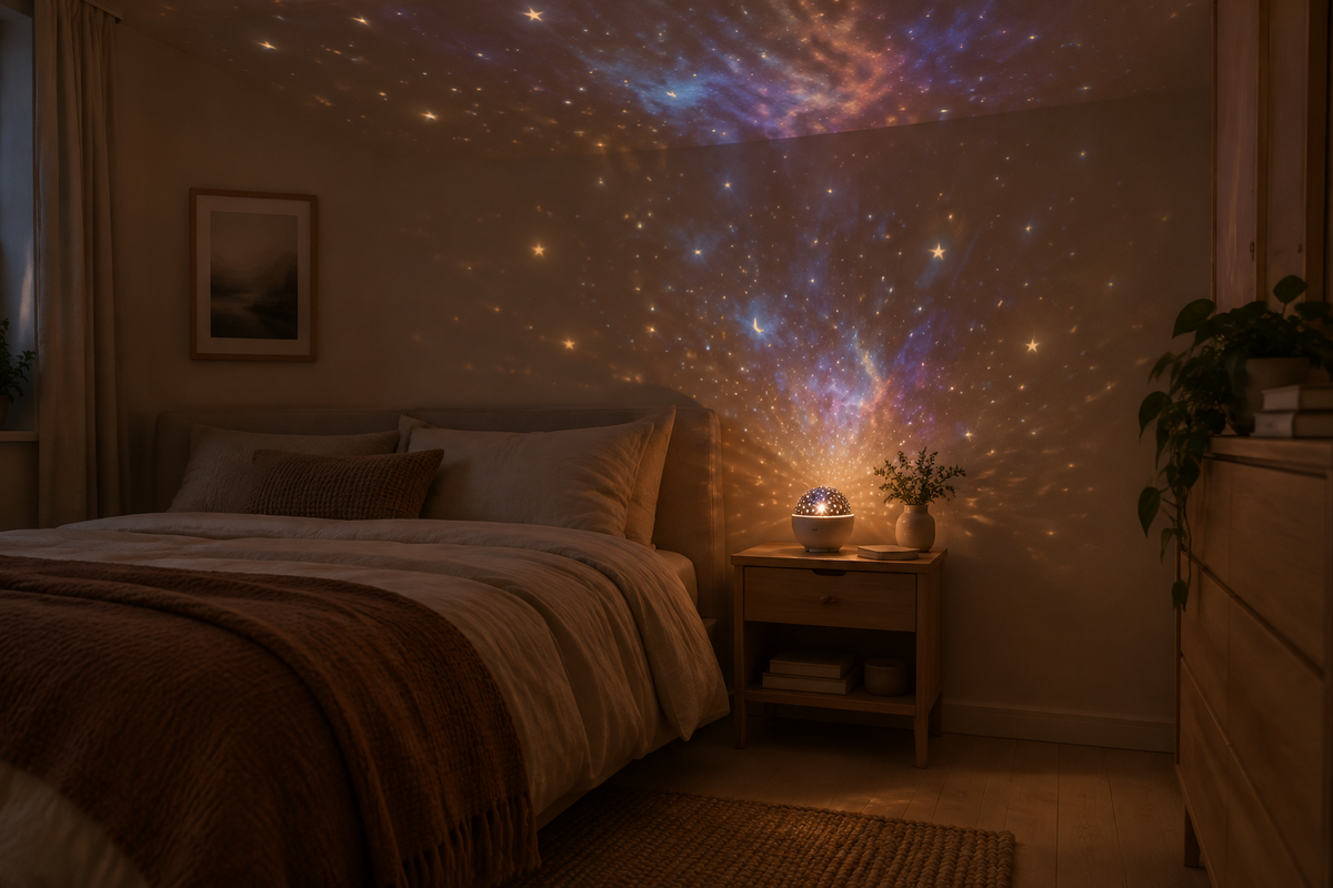 Dormitorio con un proyector de estrellas encendido en la mesilla y la nebulosa proyectada en el techo