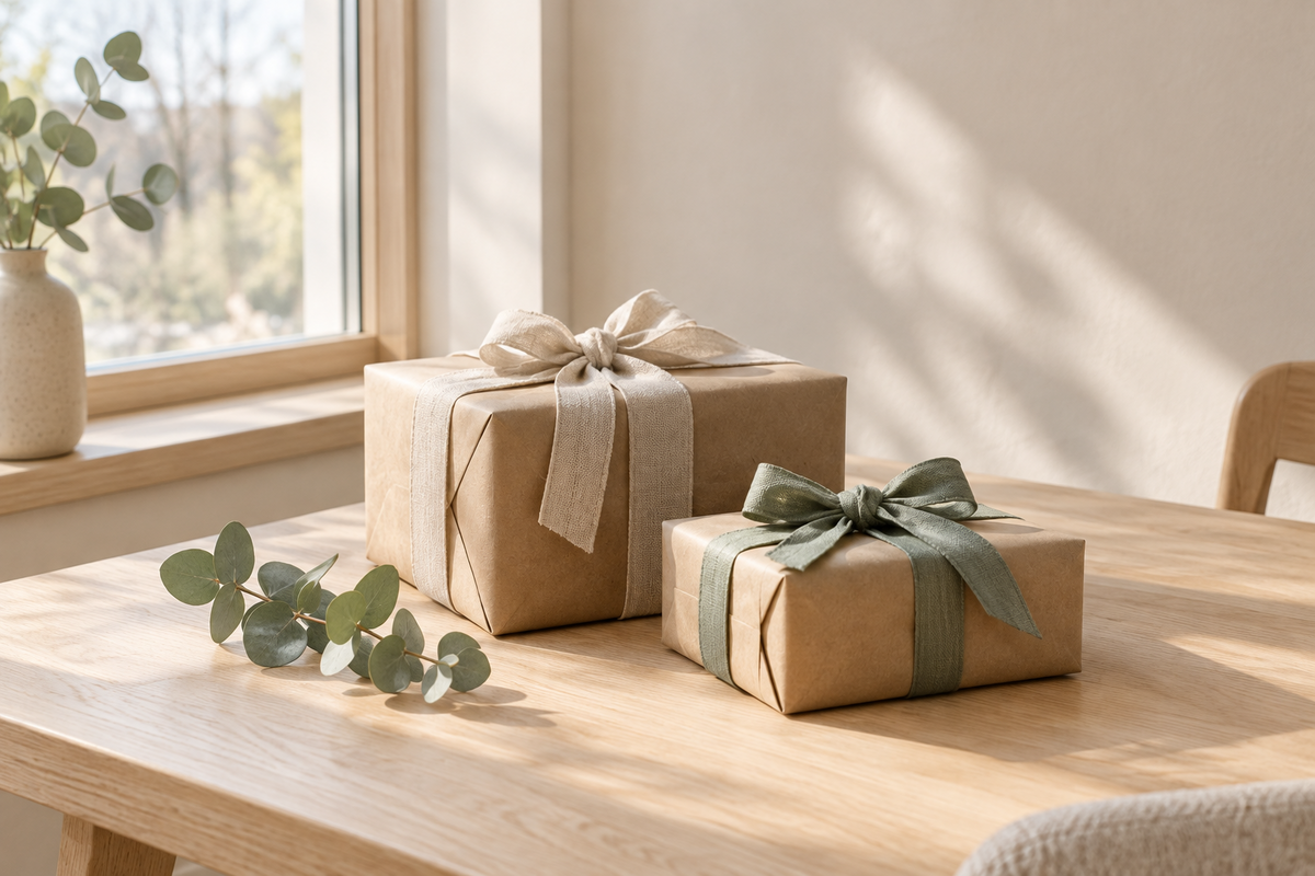 Dos regalos envueltos en papel kraft con lazo sobre una mesa de madera junto a la ventana