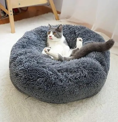 Cama para perro redonda de felpa gris oscuro