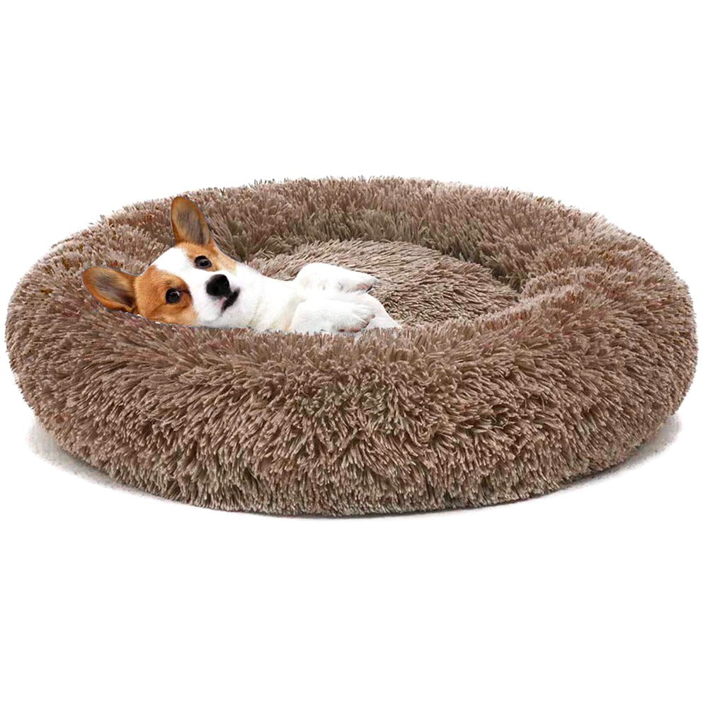 Cama para perro redonda de felpa marrón