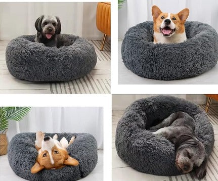 Cama para perro redonda de felpa gris oscuro