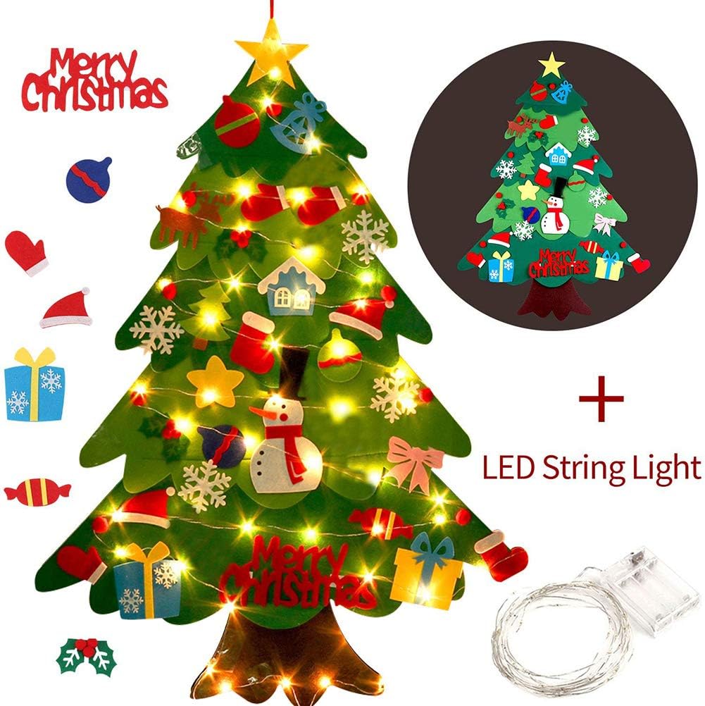 Arbol de Navidad de Fieltro para Pared con 25 Adornos y Luces LED