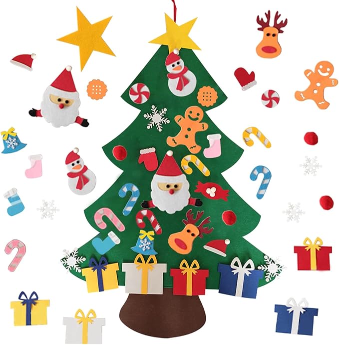 Arbol de Navidad de Fieltro para Pared con 25 Adornos y Luces LED