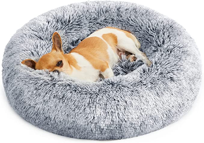 Cama para perro redonda de felpa gris claro