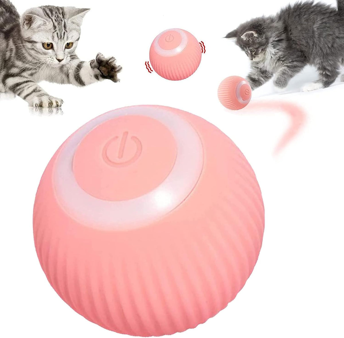 Bola interactiva rosa NIDORA para gatos, con dos gatitos jugando
