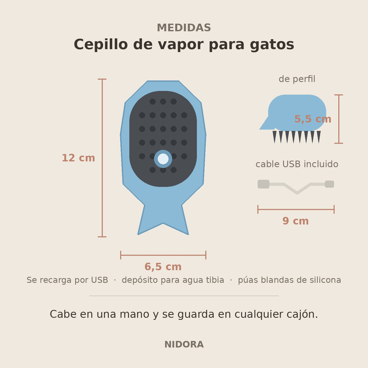 Medidas del cepillo de vapor para gatos: 12 x 6,5 x 5,5 cm