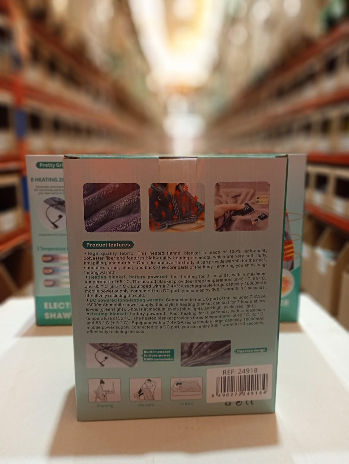Parte trasera de la caja de la manta eléctrica USB