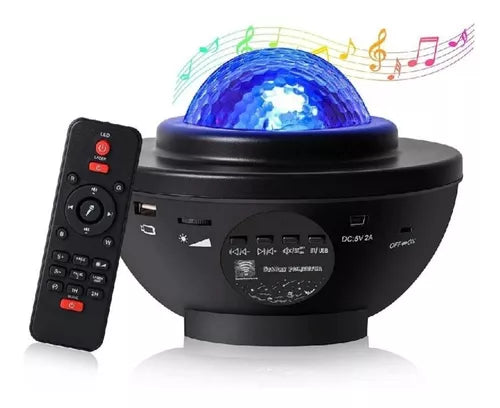 Proyector de galaxia NIDORA encendido en azul con su mando