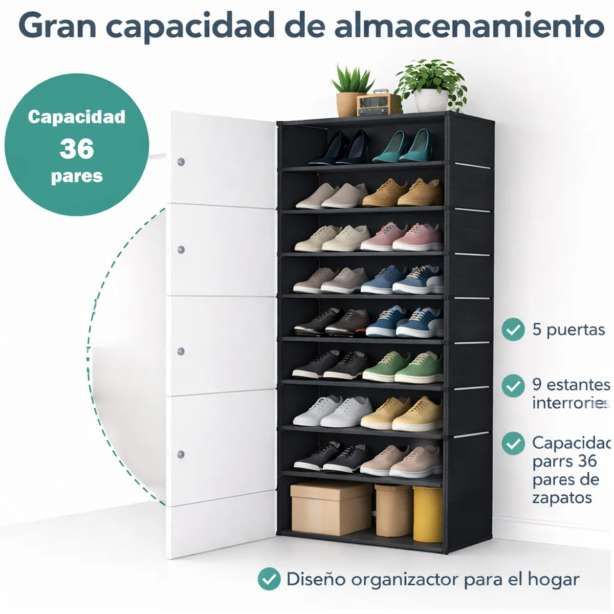 Zapatero de 8 Estantes con Puertas, hasta 36 Pares